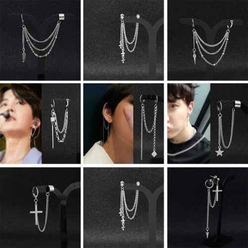 New Men Punk Tassel Multi-layer Chain Drop Earrings Vintage Rock Leaf Cross Star Geometric Chic Metal Bar Pendant Party Earrings