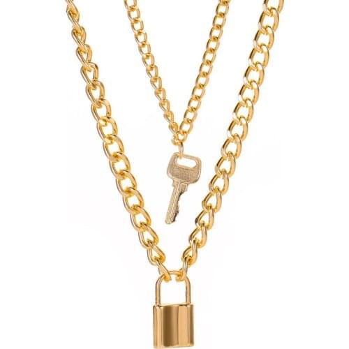Fashion Metal Silver Color Gold Color Layered Necklace Lock Key Pendant Punk Statement Necklace for Women Lady Female Girl