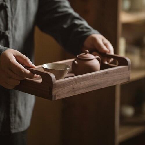 Japan Style Black Walnut Storage Tray with Handle Retro Natural Wood Tenon Storage Box for Sundries Household Tea Tray