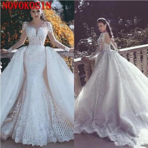Real Sample Vintage Mermaid Wedding Dress With Detachable Train Lace Beading Sheer Neck Long Sleeves Backless Tulle Bridal Gown