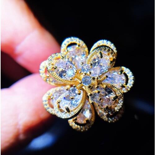 Stereoscopic Camellia Flower Gold Ring Austria Crystal Zircon Finger Rings For Women Wedding Party Luxury Fine Jewelry Wholesale