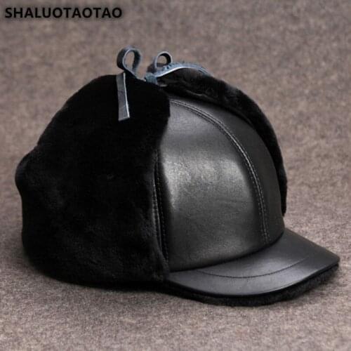 SHALUOTAOTAO Winter Thick Thermal Sheepskin Bomber Hats For Men Fashion Earmuffs Velvet Genuine Leather Hat Warm Caps Dads Cap
