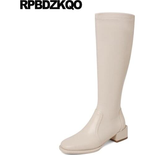 Stretch Sexy Brown Luxury Brand Shoes Women Autumn Slim High Quality White Chunky Long Vintage Retro Knee Block Square Toe Tall