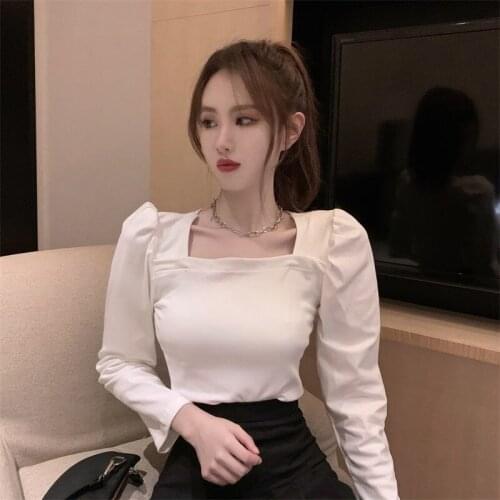 Long Sleeve Top Woman Tshirts Retro Square Neck Bubble Sleeve Tshirt Slim Fit Versatile T-shirt Bottoming T Shirt Tops For Women