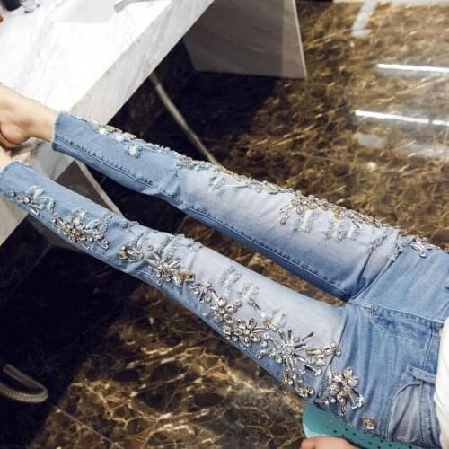 Plus Size 25-32 Luxury Rhinestones Diamond Jeans Woman Spring 2020 Ripped Hole Slim Fit Denim Ankle-Length Pencil Pants Trousers