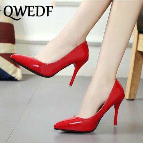 QWEDF Women Shoes Pointed Toe Pumps Patent Leather Dress Shoes High Heels Boat Wedding Shoes Zapatos Mujer DC-107