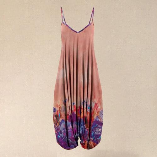 2021 Summer Fashion Adjustable Strap Wide-leg Rompers Casual Coral Purple V Neck Sleeveless Painting Patchwork Womens Jumpsuit