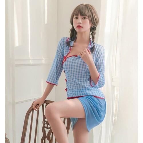 Chinese Style Sexy Role Play Schoolgirl Costume Women Seductive Lingerie Plaid Cheongsam Dress Roleplay Erotic Cosplay Outfit