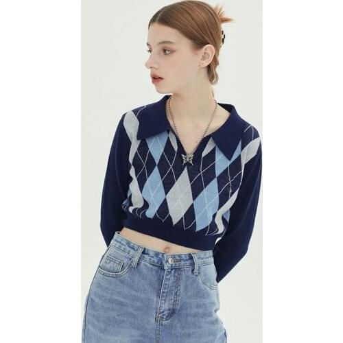 Women Long Sleeves Knitwear Argyle Plaid Knit Sweater Turn Down Collar Cropped Knitted Tops
