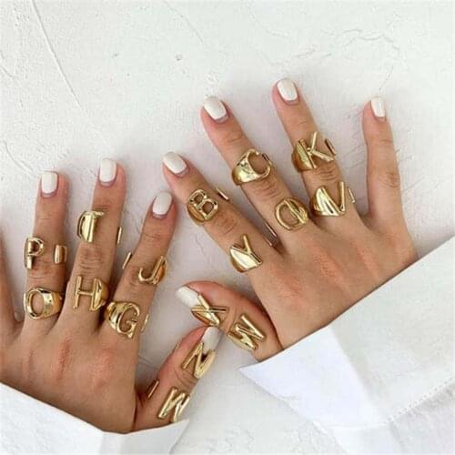 Hollow A-Z Letter Gold Color Metal Adjustable Opening Ring Initials Name Alphabet Female Party Chunky Wide Trendy Jewelry
