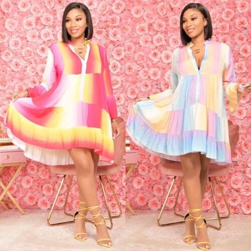 New Autumn Gradient Print Loose A-line Mini Women Dress Elegant Button V Neck Long Sleeve Casual Streetwear Dress Robe Lounge