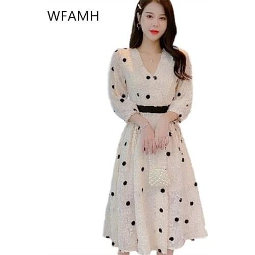 2021 summer new style polka dot printing fashion temperament womens V-neck nine-point sleeve mid-length dress Polyester A-LINE