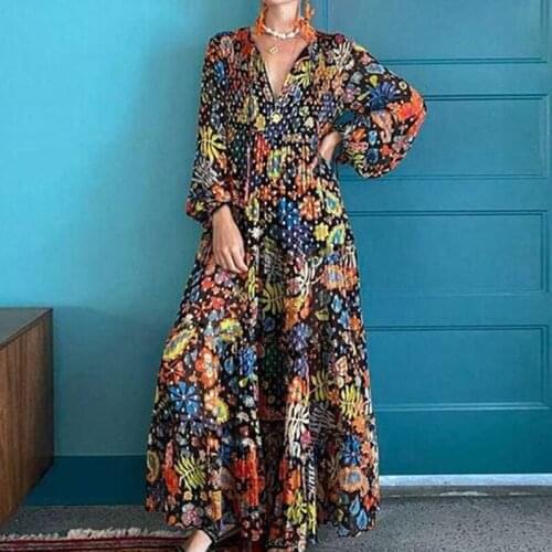 Long Sleeve Dresses For Women 2021 Summer Autumn V-Neck Printed Chiffon Long Maxi Ladies Dress Plus Size Casual Womans Clothing