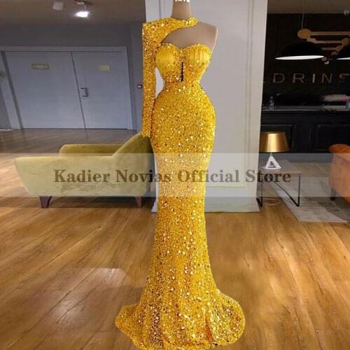 Long Sleeve Arabic Gold Mermaid Evening Dresses 2021 Party Prom Dress vestidos de noch fiesta