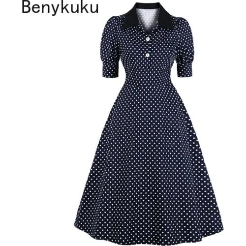 Puff Sleeve High Waist Polka Dot Fall 2020 Women Clothing Turn Dowm Collar Vintage Party Dress Elegant Cotton Pin up Midi Dress
