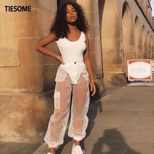 TIESOME Mesh See-through Hight Waist Cargo Pants Patchwork Sweatpants Black Fashion Summe New Loose Trousers Women Transparent
