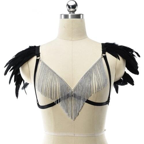 Black Feather Wing Harness Bra Tassel Chain Bondage Body Cage Goth Feather Epaulettes Rave Open Chest Sexy Lingerie Belt