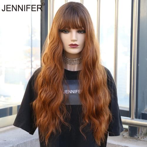 Long hair Wavy WIth Bangs Synthetic Wigs Cosplay Pink Brown/Black/Chocolate/Orange 4 color Wigs for Women Full Mechanism wigs