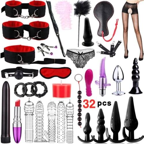 Erotic Sex Toys For Women Handcuffs Nipple Clamps Whip Spanking Mouth Gag Anal Plug Butt Vibrator BDSM Bondage Set Adult Games