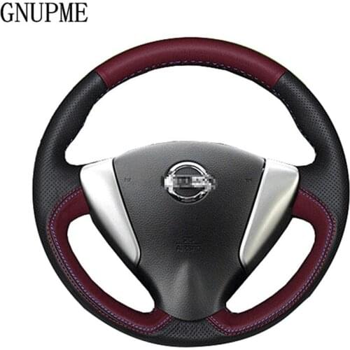 GNUPME DIY Customized Name Hand-Stitched Black Genuine Leather Car Steering Wheel Cover for Nissan Sylphy Qashqai LIVINA