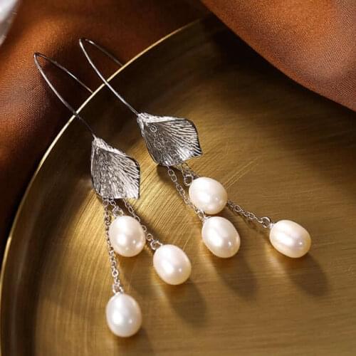 Fine S925 Silver Earrings Pearl Long Dangle Earrings Vintage Earrings Stamp S925