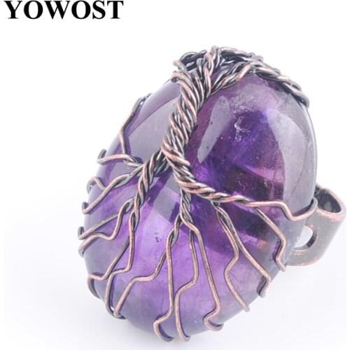 Natural Stone Amethysts Bead Antique Rings for Women Finger Jewelry Wire Wrapped Tree of Life Adjustable Ring IX3053