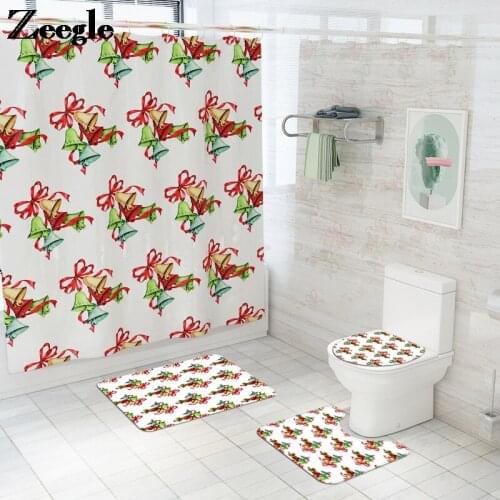 Christmas Style Shower Curtain and Bath Mat Set Bathroom Carpet Rug Home Decor Toilet Mat Absorbent U-Shaped Toilet Rug Set