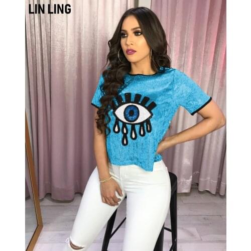 LINLING Trendy Big Eyes Pattern Personality Sequin Women Top Short Sleeve T-shirt Nightclub Clothing