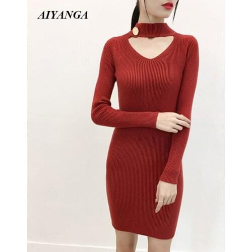 Fashion Knitted Dresses Women 2018 Long Sleeve Sweaters Dresses Autumn Winter Knit Dress Ladies Slim package Hip Dress Female