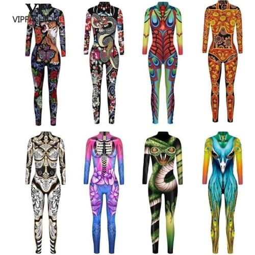 VIP FASHION Halloween Costume Women 3D Animal Printed Cosplay Costumes Skull Jumpsuit Bohemia Style Carnival Bodysuit