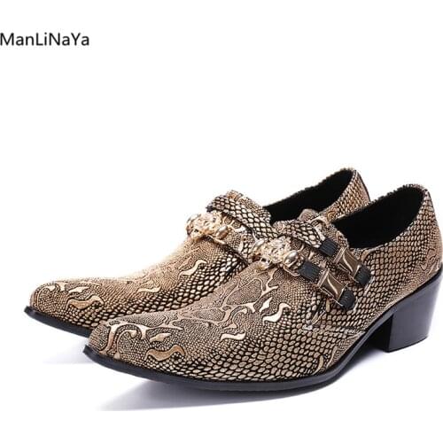 Genuine Leather Snakeskin Grain Men Dress Shoes Metal Belt Pointed Toe Male Business shoes Slip on Mens Office Shoes Demon