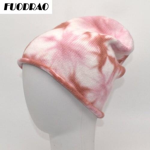 FUODRAO New Autumn Winter Tie dye Beanies Hats Women Outdoor Wool Warm Knitted Ski Hats Bonnet Men Hip Hop Elastic Cap Z19