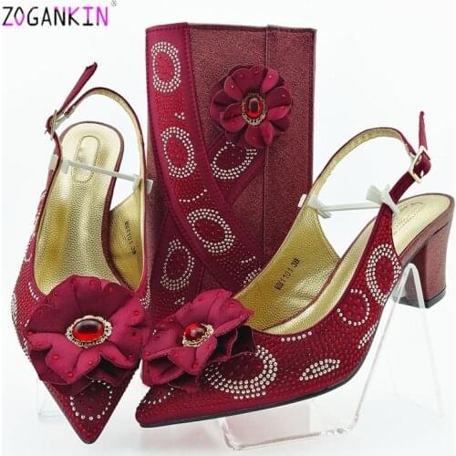 New Design 2020 Office Ladies Shoes and Bag Set African Stylel Matching Shoes and Bag Set in Wine Color with Shinning Crystal