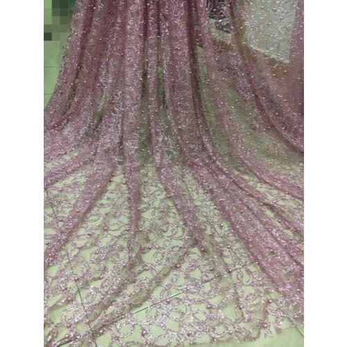 New style pink color African Lace fabric with glitter Sequin High Quality glitter mesh tulle Fabric for wedding dress YG-91402