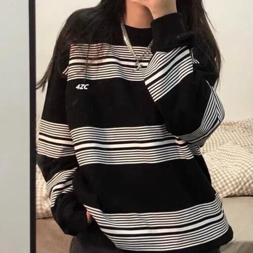 Autumn Female Casual O-Neck Stripe Tees Harajuku Loose Hoodie Women Long Sleeve Oversize Top Hip Hop Korean Thin Sweatshirt ins