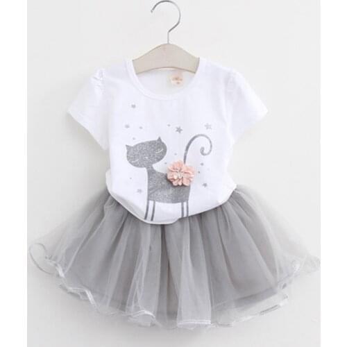 Girls Dress 2020 Girl Clothes Summer Style Cat Cartoon Cute Little White Cartoon Dress Kitten Printed Kids Dresses