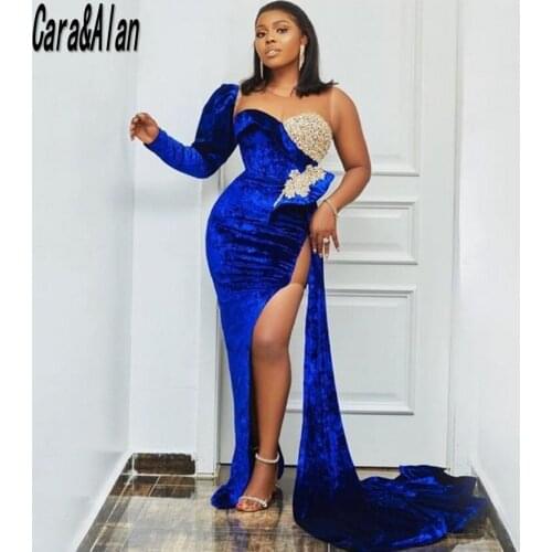 Nigerian Royal Blue Prom Dresses Long Sleeves Sheer Neck African Mermaid Evening Gowns One Shoulder vestidos de noche