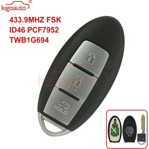 Kigoauto Smart key remote 3 button 433.9MHZ FSK ID46 PCF7952 for Nissan Bluebird