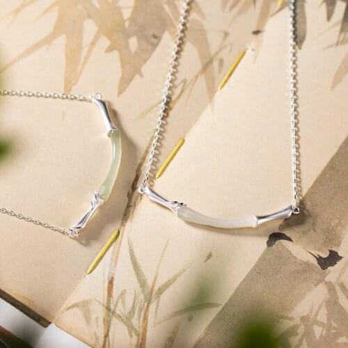 SA SILVERAGE S925 Sterling Silver Inlaid Hetian Jade White Jade Bamboo Scrub Personality Joker Female Clavicle Chain Pendant