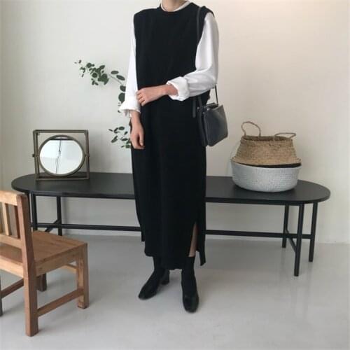 Side split Warm Women Autumn Winter Long Sweater Knitted Sundress Loose o neck Sleeveless long vest Dresses Robe Femme Vestido