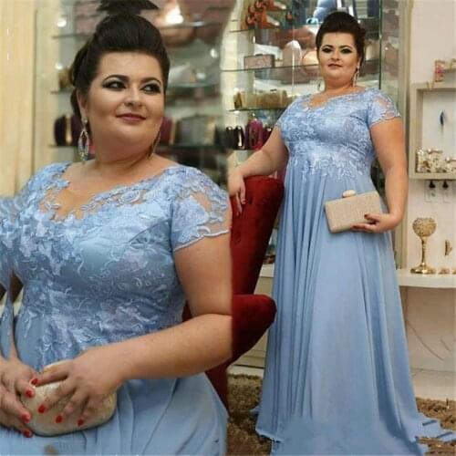 Light blue Plus Size Chiffon Mother of the Bride Dresses With Short Sleeves Lace bodice chiffon Empire Waist Arabic Mothers