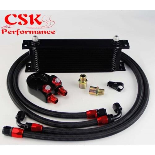 Universal 13 Row 248mm AN8 Engine Transmission Oil Cooler British Type + Aluminum Filter Adapter Kit Black/Blue