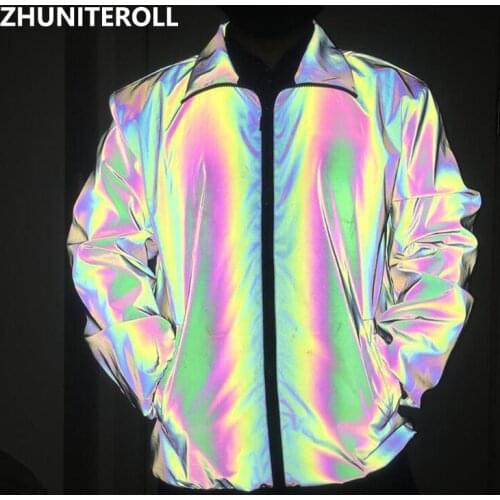 Harajuku Vintage Jacket Coat Rainbow Reflective Windbreaker Jacket Hip Hop Fashion Men Track Jacket Coat Streetwear Clothing