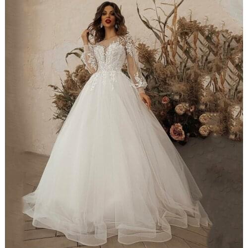 Vintage Lace Wedding Dress O Neck Long Sleeve Applique A Line Tulle Sweep Train Corset Bridal Dresses Wedding Gowns
