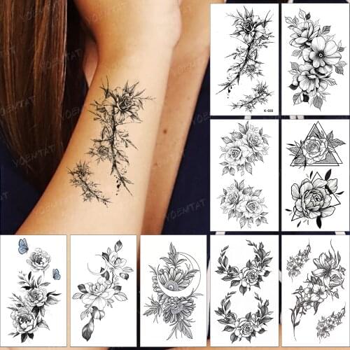 Waterproof Temporary Tattoo Sticker Rose Peony Flower Leaf Line Black Tatto Realistic Body Art Tatoo Woman Man Child Tattoos