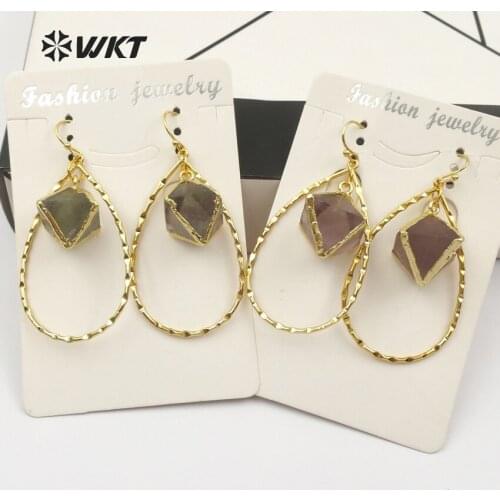 WT-E448 Dice Shape With Gold Trim Rainbow Fluorite Stone Water Drop Metal Loop Charm Earring For Women Crystal Healing Jewelry