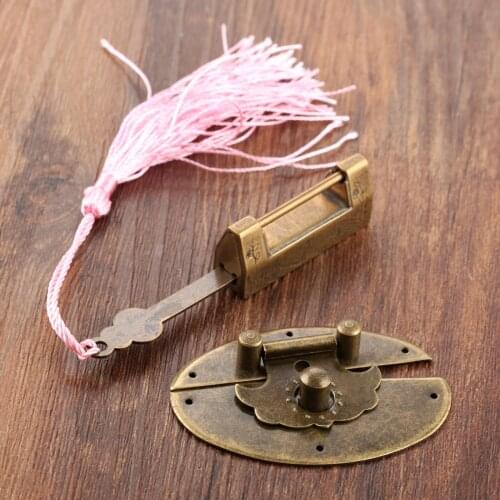 Padlock/Key/Tassel+ Oval Box Latch Hasp Vintage Chinese Painting Pattern Bird&Flower Brass Lock Decor Cabinet Wood Jewelry Case