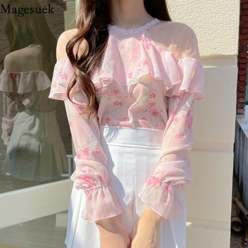 Round Neck Ruffle Stitching Womens Blouse Autumn 2021 Fashion Floral Chiffon Shirt Long Sleeve Off Shoulder Women Top New 15666