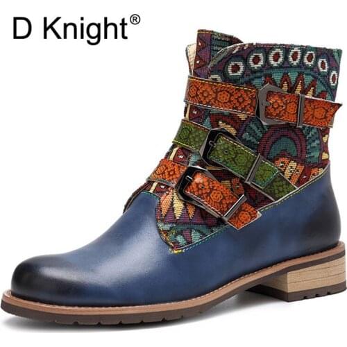 D Knight Retro Genuine Leather Novelty Western Cowboy Women Boots Handmade Printed Bohemian Zipper Casual Ankle Boot Women Shoes