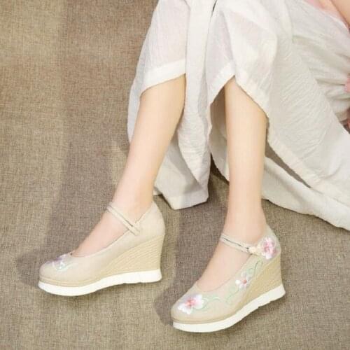 Spring Autumn New Ethnic Style Retro Wedges Shallow Buckle Strap Embroider Cotton Fabric Women Pumps Ladies Casual Shoes 0713